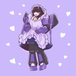 Rule 34 | 1boy, arm cannon, clothed robot, clothes lift, commentary request, decepticon, heart, maid headdress, mecha, no humans, open mouth, purple background, red eyes, robot, science fiction, shikida 2ss, skirt, skirt lift, skywarp, solo, transformers, weapon