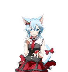 Rule 34 | 1girl, animal ears, blue eyes, blue hair, bow, cat ears, cat tail, food, frilled skirt, frills, fruit, hair between eyes, holding, holding food, holding fruit, looking at viewer, necktie, red bow, red necktie, red skirt, short hair with long locks, sidelocks, sinon, sinon (sao-alo), sitting, skirt, sleeveless, slit pupils, smile, solo, sword art online, tail, tail bow, tail ornament, transparent background