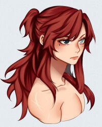 Rule 34 | 1girl, aiphelix, collarbone, green eyes, grey eyes, heterochromia, highres, long hair, looking at viewer, mole, mole under eye, mole under mouth, original, red hair, scar on shoulders, short ponytail, simple background, upper body