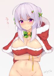 Rule 34 | 1girl, azur lane, bandeau, bell, blush, bottomless, bow, bowtie, breast hold, breasts, capelet, cleavage, closed mouth, cowboy shot, cygnet (azur lane), cygnet (holy night&#039;s hymn) (azur lane), dated, fur-trimmed capelet, fur trim, green bow, green bowtie, groin, hair between eyes, hair bow, hair ornament, hairclip, highres, hood, hood down, hooded capelet, kuavera, large breasts, light purple hair, long hair, looking at viewer, navel, out-of-frame censoring, pink background, purple eyes, santa costume, shiny skin, sidelocks, signature, simple background, smile, solo, star (symbol), stomach, striped bow, striped bowtie, striped clothes, striped neckwear, taut clothes, tearing up, tears, twitter username