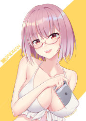 Rule 34 | 10s, 1girl, bikini, blush, breasts, cellphone, cleavage, collarbone, copyright name, frilled bikini, frills, front-tie bikini top, front-tie top, ge zhong kuaile, glasses, gridman universe, halterneck, head tilt, highres, holding, holding phone, large breasts, leaning to the side, light purple hair, looking at viewer, object in clothes, object in swimsuit, open mouth, phone, pixiv id, red-framed eyewear, red eyes, round eyewear, semi-rimless eyewear, shinjou akane, short hair, smile, solo, ssss.gridman, swimsuit, teeth, under-rim eyewear, upper body, upper teeth only, white background, white bikini, yellow background
