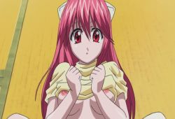 Rule 34 | 00s, 1boy, animated, animated gif, breasts, caught, elfen lied, horns, kouta, long hair, lucy (elfen lied), navel, pink hair, red eyes, screencap, shorts, sweater, undressing, very long hair, walk-in, yuka (elfen lied)