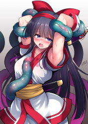 Rule 34 | 1girl, ainu clothes, armpits, arms behind head, blue eyes, blush, breasts, c.r., fingerless gloves, gloves, hair ribbon, highres, legs, long hair, medium breasts, moaning, molestation, nakoruru, open mouth, pants, purple hair, ribbon, samurai spirits, snk, sweat, tentacles, the king of fighters, thighs, weapon