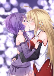 Rule 34 | 2girls, a4500mai, ahoge, bare shoulders, blurry, blurry foreground, blush, breasts, detached sleeves, dress, forehead, french kiss, from side, hair tubes, half-closed eyes, hand on another&#039;s arm, highres, hug, kiss, long hair, long sleeves, medium breasts, multiple girls, profile, purple dress, purple eyes, purple hair, red skirt, short dress, short hair with long locks, sideboob, skirt, straight hair, tsurumaki maki, upper body, very long hair, vest, vocaloid, voiceroid, white vest, wide sleeves, yuri, yuzuki yukari