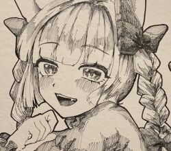 Rule 34 | 1girl, :d, animal ears, blush, bow, braid, cat ears, commentary request, fang, greyscale, hair bow, kaenbyou rin, long sleeves, looking at viewer, monochrome, open mouth, shikishi, side braids, simple background, smile, solo, teeth, touhou, twin braids, upper body, upper teeth only, yomogi 0001