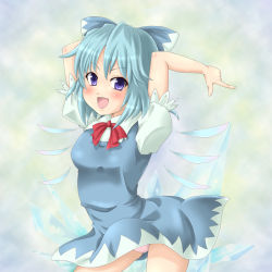 Rule 34 | 1girl, bad id, bad pixiv id, blue hair, blush, breasts, cirno, dress, embodiment of scarlet devil, female focus, gradient background, mochi.f, open mouth, panties, pantyshot, purple eyes, ribbon, short hair, smile, solo, touhou, underwear, wings