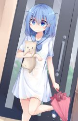 Rule 34 | 1girl, animal, blue eyes, blue footwear, blue hair, blush, bra, bra visible through clothes, breasts, closed mouth, closed umbrella, collarbone, commentary request, day, dog, door, dress, dutch angle, green bra, hair between eyes, highres, holding, holding animal, holding umbrella, indoors, kyuukon (qkonsan), looking away, one side up, original, pink umbrella, sailor dress, see-through, shoes, short sleeves, small breasts, sneakers, solo, standing, standing on one leg, tareme, tongue, tongue out, umbrella, underwear, water drop, wavy mouth, wet, wet clothes, wet dress, white dress