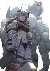 Rule 34 | 1girl, arknights, arms at sides, bare shoulders, black gloves, breasts, gloves, glowing, glowing eye, grey hair, hair ornament, highres, holding, holding weapon, horns, large breasts, long hair, long sleeves, material growth, monster, mudrock (arknights), mudrock (elite ii) (arknights), mudrock colossus (arknights), navel, open clothes, oripathy lesion (arknights), pointy ears, red eyes, samacho, sarashi, simple background, solo, sports bra, standing, stomach, thigh strap, weapon, white background