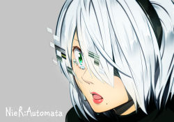 Rule 34 | 1girl, android, black dress, black hairband, blindfold, copyright name, crying, crying with eyes open, dress, eyelashes, grey background, hair over one eye, hairband, hologram, lips, long sleeves, mole, mole under mouth, nier (series), nier:automata, one eye covered, open mouth, pink lips, portrait, sad, short hair, silver hair, simple background, smile, solo, streaming tears, takurowo, tears, turtleneck, 2b (nier:automata)