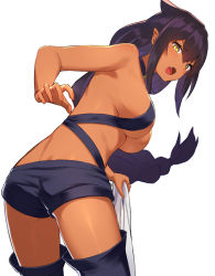 Rule 34 | 1girl, black shorts, black thighhighs, braid, braided ponytail, breasts, commentary request, dark-skinned female, dark skin, fang, from behind, highres, jahy, jahy-sama wa kujikenai!, large breasts, long hair, looking at viewer, looking back, open mouth, pointy ears, shorts, simple background, solo, thighhighs, white background, yellow eyes, yonkumi (gatling033)