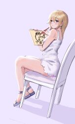 Rule 34 | 1girl, absurdres, awesomeerix, blonde hair, chair, dickbutt, dildo, drawing (object), dress, highres, holding, holding notepad, kingdom hearts, kingdom hearts chain of memories, namine, no panties, notepad, object insertion, pencil, sandals, sex toy, short dress, simple background, sitting, solo