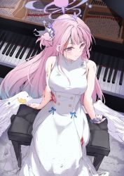 Rule 34 | 1girl, absurdres, aqua hair, blood, blood on clothes, blood on face, blue archive, blush, breasts, cuts, dirty, dirty clothes, dress, feathered wings, from above, gradient hair, grand piano, hair bun, halo, highres, injury, instrument, long hair, low wings, medium breasts, mika (blue archive), moruhinesan, multicolored hair, piano, pink eyes, pink hair, scrunchie, single side bun, sitting, sleeveless, sleeveless dress, smile, solo, stool, torn clothes, very long hair, white dress, wing ornament, wings, wrist scrunchie