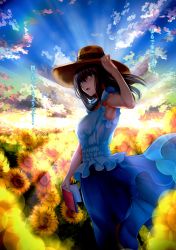 Rule 34 | 10s, 1girl, :d, absurdres, armpits, black hair, blue eyes, book, breasts, cloud, cloudy sky, dress, field, flower, flower field, hand on headwear, highres, holding, holding book, horizon, idolmaster, idolmaster cinderella girls, large breasts, light rays, long hair, looking back, murasame nohito, nohito, non-web source, open book, open mouth, outdoors, photoshop (medium), sagisawa fumika, scan, sky, smile, solo, sunflower, sunflower field, translation request