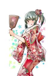 Rule 34 | 1girl, absurdres, bow, commentary request, feet out of frame, floral background, flower, full body, fur-trimmed kimono, fur trim, furisode, green eyes, grey hair, hagoita, hair bow, hair flower, hair ornament, highres, japanese clothes, kantai collection, kazu (really in hot water now), kimono, long hair, paddle, ponytail, red kimono, solo, white background, yuubari (kancolle)
