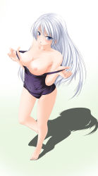 Rule 34 | 1girl, amicis, barefoot, black one-piece swimsuit, breasts, clothes pull, highres, large breasts, long hair, nipples, one-piece swimsuit, one-piece swimsuit pull, original, pulling own clothes, school swimsuit, shadow, solo, swimsuit, white hair
