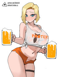 Rule 34 | 1girl, alcohol, android 18, aqua eyes, beer, blonde hair, breasts, cleavage, cup, donburi (donburikazoku), dragon ball, dragonball z, earrings, fanbox username, female focus, highres, holding, holding cup, hooters, jewelry, large breasts, micro shorts, midriff, mug, navel, no legwear, orange shorts, patreon username, short hair, shorts, simple background, skindentation, solo, sweat, thigh strap, thighlet, unbuttoned, watermark, web address, white background