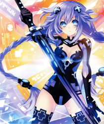 Rule 34 | 1girl, absurdres, black thighhighs, blue eyes, blush, braid, breasts, breasts apart, choujigen action neptune u, cleavage, cleavage cutout, clothing cutout, cowboy shot, cross, emblem, fighting stance, floating hair, glint, gloves, headgear, highres, hip focus, holding, holding weapon, huge weapon, legs apart, leotard, long hair, looking at viewer, magical girl, medium breasts, neon trim, neptune (series), official art, power symbol, power symbol-shaped pupils, purple hair, purple heart (neptunia), red cross, serious, solo, sword, symbol-shaped pupils, thighhighs, tsunako, turtleneck, twin braids, very long hair, weapon