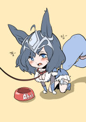Rule 34 | 1girl, absurdres, ahoge, ahri (league of legends), all fours, animal ears, blush, bowl, breasts, chibi, cleavage, collar, dmdkrxmrrmq, facial mark, female focus, flat color, full body, fur trim, highres, league of legends, leash, midnight ahri, open mouth, pet bowl, pet play, simple background, solo, tail, tears
