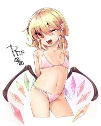 Rule 34 | 1girl, arms behind back, bad id, bad twitter id, bare shoulders, bikini, blonde hair, breasts, cowboy shot, cropped legs, fangs, flandre scarlet, halterneck, looking at viewer, one eye closed, open mouth, pink bikini, pointy ears, red eyes, revision, shamo (koumakantv), small breasts, smile, solo, string bikini, swimsuit, touhou, white background, wings