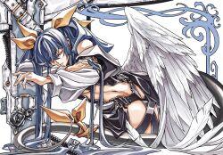 Rule 34 | 1girl, angel wings, arm support, bare shoulders, belt, black panties, black thighhighs, blue hair, center opening, closed eyes, detached sleeves, dizzy (guilty gear), dong hole, feathered wings, flower, guilty gear, guilty gear x, guilty gear xx, hair over one eye, hair ribbon, highres, long hair, lying, midriff, monster girl, navel, on side, panties, ribbon, simple background, sleeping, solo, stomach, tail, tail ornament, tail ribbon, thick thighs, thigh strap, thighhighs, thighs, twintails, underwear, white background, wings, yellow ribbon, zipper