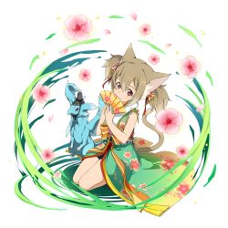 Rule 34 | 1girl, animal ears, brown hair, cat ears, cat tail, floral print, flower, hair ribbon, hand fan, highres, holding, holding fan, japanese clothes, looking at viewer, official art, own hands together, pina (sao), red eyes, ribbon, seiza, short hair, short twintails, silica, sitting, sleeveless, smile, sword art online, tail, transparent background, twintails