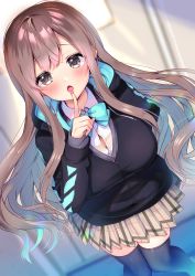 Rule 34 | 1girl, :o, ayuma sayu, black jacket, black thighhighs, blue bow, blue bowtie, blurry, blush, bow, bowtie, breasts, brown eyes, brown hair, button gap, buttons, cardigan, collared shirt, commentary request, depth of field, dutch angle, finger to mouth, from above, grey cardigan, hand up, hood, hood down, hooded jacket, index finger raised, indoors, jacket, large breasts, long hair, long sleeves, looking at viewer, miniskirt, open mouth, original, plaid, plaid skirt, pleated skirt, school uniform, shirt, shushing, sidelocks, skirt, solo, standing, thighhighs, very long hair, white shirt, white skirt, zettai ryouiki, zipper pull tab