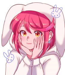 Rule 34 | 1girl, animal costume, animal ears, arm up, artist name, blush, earrings, hair ornament, highres, jewelry, long sleeves, looking at viewer, nonoworks, pink hair, pyra (xenoblade), rabbit costume, rabbit ears, short hair, simple background, smile, solo, twitter username, very long ears, white background, xenoblade chronicles (series), xenoblade chronicles 2, yellow eyes