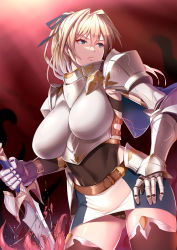 Rule 34 | 1girl, armor, blonde hair, blue eyes, boobplate, breastplate, breasts, female knight, gauntlets, gloves, highres, holding, holding weapon, knight, large breasts, leotard, leotard under clothes, long hair, miga (migao), original, panties, pantyshot, shoulder armor, skirt, standing, sword, tentacles, thick thighs, thighhighs, thighs, underwear, weapon