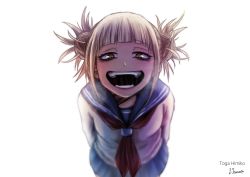 Rule 34 | 10s, 1girl, :d, blonde hair, blunt bangs, boku no hero academia, cardigan, character name, crazy smile, double bun, female focus, hair bun, half-closed eyes, highres, kanato (aquariumest), long sleeves, looking at viewer, open mouth, pleated skirt, school uniform, serafuku, skirt, smile, solo, toga himiko, twintails, yandere trance, yellow eyes