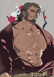 Rule 34 | 1boy, abs, bad id, bad twitter id, bara, bare pectorals, beard, dark-skinned male, dark skin, facial hair, floral background, full beard, huge pectorals, japanese clothes, kimono, looking at viewer, male focus, mature male, medium hair, monster boy, muscular, muscular male, navel, nipples, oni, open clothes, open kimono, original, pectorals, pointy ears, seductive smile, small horns, smile, solo, sparse chest hair, stomach, textless version, thick beard, thick eyebrows, translation request, yan (bltyann)