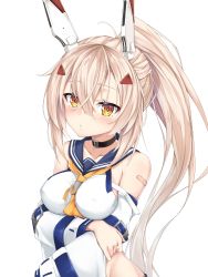 Rule 34 | 1girl, ayanami (azur lane), azur lane, bandaid, bandaid on arm, choker, collarbone, commentary request, detached sleeves, hair ornament, hairclip, headgear, highres, long hair, looking at viewer, midriff, orange eyes, parted lips, ponytail, retrofit (azur lane), silver hair, simple background, solo, sutetete, white background, wide sleeves