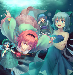 Rule 34 | &gt;:d, 4girls, :d, backpack, bag, blush, bow, cirno, crossed arms, culter, dress, drill hair, eyeball, fins, fish tail, floral print, frilled shirt collar, frills, green bow, green hat, hair bow, hairband, hat, head fins, heart, ice, ice wings, japanese clothes, kawashiro nitori, key, kimono, komeiji satori, long sleeves, looking at viewer, mermaid, monster girl, multiple girls, obi, open mouth, puffy short sleeves, puffy sleeves, sash, short sleeves, skirt, smile, sunlight, tail, tentacles, third eye, touhou, twintails, two side up, underwater, v-shaped eyebrows, wakasagihime, wide sleeves, wings