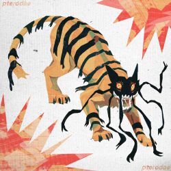 Rule 34 | andewitt, animal focus, artist name, claws, colored sclera, commentary, constricted pupils, dream tiger (govy9807), english commentary, full body, highres, looking at viewer, monster, no humans, open mouth, original, sharp teeth, solo, teeth, tiger, tusks, white background, yellow eyes, yellow sclera