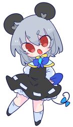 Rule 34 | animal ears, black footwear, blouse, dress, grey dress, grey hair, grey skirt, grey vest, highres, long sleeves, mouse ears, mouse girl, mouse tail, nazrin, op na yarou, open mouth, red eyes, shirt, shoes, short hair, simple background, skirt, skirt set, smile, socks, solo, tail, touhou, vest, white background, white shirt, white socks