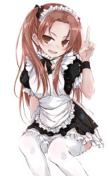 Rule 34 | 10s, 1girl, alternate costume, apron, black wristband, bow, brown eyes, brown hair, choker, commentary request, enmaided, female focus, frilled choker, frilled sleeves, frills, girls und panzer, hair bow, kadotani anzu, long hair, maid, maid apron, maid headdress, open mouth, puffy short sleeves, puffy sleeves, short sleeves, simple background, sitting, smile, smug, solo, thighhighs, twintails, v, white background, white thighhighs, wristband, yumesato makura