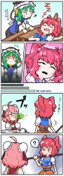 Rule 34 | 4koma, :&lt;, absurdres, ahoge, anger vein, asymmetrical hair, bandaged arm, bandages, black sash, black skirt, blue eyes, blue kimono, blue vest, blush, boat, bow, breasts, brown sash, buttons, closed mouth, coin, coin on string, comic, commentary request, cup, flat chest, green hair, hair bobbles, hair ornament, highres, holding, holding cup, holding scythe, holed coin, ibaraki kasen, japanese clothes, kimono, lipstick mark, lipstick mark on face, long sleeves, looking at another, medium breasts, obi, onozuka komachi, open mouth, pink eyes, pink hair, red bow, red eyes, red hair, saliva, sash, scythe, shiki eiki, shirt, short hair, short sleeves, skirt, sleeping, sleeve bow, smile, solidus (sword cube), spit take, spitting, tabard, teapot, touhou, translation request, two side up, upper body, vest, watercraft, white bow, white shirt, yuri, zzz