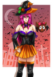 Rule 34 | 1girl, bat (animal), bow, bowtie, breasts, cleavage, female focus, fingernails, halloween, halloween costume, hat, lipstick, looking at viewer, magical girl, makeup, medium breasts, original, penzoom, pet, pink hair, pumpkin, red eyes, ribbon, skirt, smile, standing, thighs, witch hat
