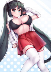 Rule 34 | 1girl, arm up, black bra, black hair, blue eyes, blue hair, blush, bra, breasts, commentary request, detached sleeves, hair ribbon, highres, isuzu (kancolle), kantai collection, large breasts, long hair, long sleeves, looking at viewer, open clothes, open shirt, pleated skirt, red skirt, ribbon, shirt, simple background, skindentation, skirt, smile, solo, takahashi meishin, thighhighs, twintails, underwear, white thighhighs