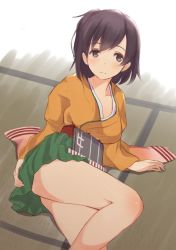 Rule 34 | 10s, 1girl, black eyes, black hair, blush, hiryuu (kancolle), japanese clothes, kantai collection, looking away, lying, on floor, on side, personification, short hair, skirt, solo, wa (genryusui)