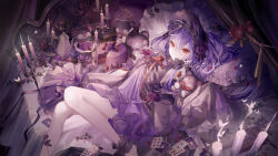 Rule 34 | 1girl, ahoge, bonnet, book, book stack, cake, cake slice, candle, candlelight, candlestand, card, cowlick, cup, food, fork, fruit, highres, knife, long hair, looking at viewer, lying, nanashi inc., on back, on bed, plate, playing card, purple hair, red eyes, shisui kiki, sleeves past fingers, sleeves past wrists, smile, solo, strawberry, stuffed animal, stuffed toy, teacup, teapot, teddy bear, tray, virtual youtuber, yoggi (stretchmen)