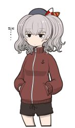Rule 34 | 1girl, alternate costume, anchor symbol, beret, black hat, black shorts, boushi-ya, commentary, cropped legs, grey hair, hands in pockets, hat, jacket, jitome, kantai collection, kashima (kancolle), red jacket, shorts, simple background, solo, track jacket, twintails, wavy hair, white background