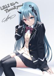 Rule 34 | 1girl, adjusting hair, black gloves, black skirt, black thighhighs, blue eyes, blue hair, bow, bowtie, cardigan, character request, collared shirt, commission, diagonal-striped bow, diagonal-striped bowtie, diagonal-striped clothes, dress shirt, gloves, grey background, heterochromia, highres, horns, long hair, miniskirt, phantasy star, phantasy star online 2, pleated skirt, red eyes, school uniform, shirt, signature, sion (9117), sitting, skeb commission, skirt, solo, straight hair, striped clothes, thank you, thighhighs, very long hair, white cardigan, white shirt, wing collar, zettai ryouiki