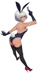 Rule 34 | 1girl, animal ears, ass, bare back, bare shoulders, black thighhighs, bob cut, breasts, card, clothing cutout, dark-skinned female, dark skin, elbow gloves, fake animal ears, from behind, full body, gloves, high heels, highres, holding, leotard, looking at viewer, looking back, medium breasts, original, parted lips, playboy bunny, rabbit ears, rabbit tail, red eyes, shoes, silver hair, simple background, smile, solo, stiletto heels, strapless, strapless leotard, tail, tail through clothes, thighhighs, white background, yan wan