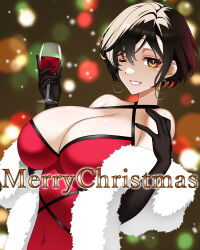 Rule 34 | 1girl, absurdres, alcohol, bare shoulders, black hair, breasts, christmas, cleavage, cup, dress, drinking glass, elbow gloves, feather boa, formal, gloves, highres, holding, holding cup, koishikawa, nijisanji, red dress, red wine, shirayuki tomoe, sleeveless, sleeveless dress, virtual youtuber, wine, wine glass