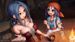 Rule 34 | 2girls, :d, apron, bandana, bare shoulders, blue eyes, blue hair, blue shirt, breasts, candle, collarbone, commentary request, corset, cup, dragon quest, dragon quest ix, fire, highres, jewelry, large breasts, long hair, long skirt, low ponytail, mug, multiple girls, necklace, open mouth, orange skirt, pote0508, purple hair, red bandana, red corset, rikka (dq9), ruida, shirt, short hair, skirt, sleeveless, smile, table, twitter username, white apron