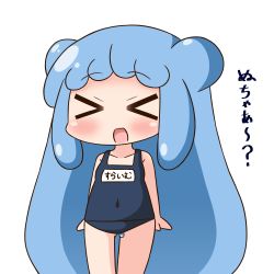 Rule 34 | &gt; &lt;, 1girl, :d, bare arms, bare shoulders, blue hair, blue one-piece swimsuit, blush, breasts, chibi, closed eyes, collarbone, covered navel, double bun, facing viewer, gluteal fold, hair bun, half slime-chan, hana kazari, long hair, monster girl, name tag, old school swimsuit, one-piece swimsuit, open mouth, original, school swimsuit, side bun, simple background, slime girl, small breasts, smile, solo, swimsuit, translation request, very long hair, white background, xd