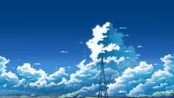 Rule 34 | blue sky, cloud, cloudy sky, commentary request, day, hati 98, highres, no humans, original, outdoors, power lines, scenery, sky, summer, tree, utility pole