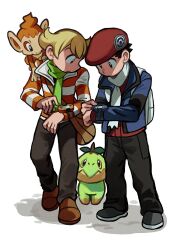 Rule 34 | 2boys, :o, backpack, bag, barry (pokemon), beret, black hair, blonde hair, blue jacket, brown bag, brown footwear, chimchar, commentary request, creatures (company), elizabeth (tomas21), game freak, gen 4 pokemon, green scarf, hat, highres, jacket, long sleeves, lucas (pokemon), male focus, multiple boys, nintendo, open clothes, open jacket, pants, pointy hair, poke ball print, pokemon, pokemon (creature), pokemon dppt, pokemon platinum, poketch, red shirt, scarf, shirt, shoes, short hair, shoulder bag, standing, striped clothes, striped jacket, turtwig, watch, white background, white scarf, winter clothes, wristwatch
