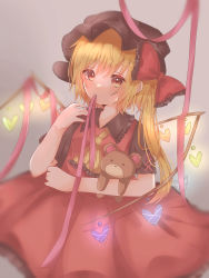 Rule 34 | 1girl, absurdres, alternate costume, alternate wings, artist request, ascot, black hat, blurry, blush, bow, commentary request, crystal, depth of field, dress, flandre scarlet, frilled shirt collar, frills, glowing, grey background, hair bow, hand up, hat, heart, highres, holding, holding stuffed toy, mob cap, mouth hold, nail polish, one side up, red bow, red dress, red nails, ribbon, soft focus, solo, stuffed animal, stuffed toy, teddy bear, touhou, wings, yellow ascot