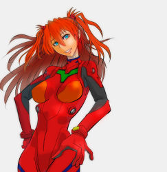 Rule 34 | 1girl, alternate breast size, bare legs, bare shoulders, bodysuit, breasts, curvy, green eyes, hair ornament, hand on own hip, highres, interface headset, lips, long hair, looking at viewer, neon genesis evangelion, plugsuit, shiny clothes, shiny skin, simple background, solo, souryuu asuka langley, two side up, very long hair, wakusan, white background, wide hips